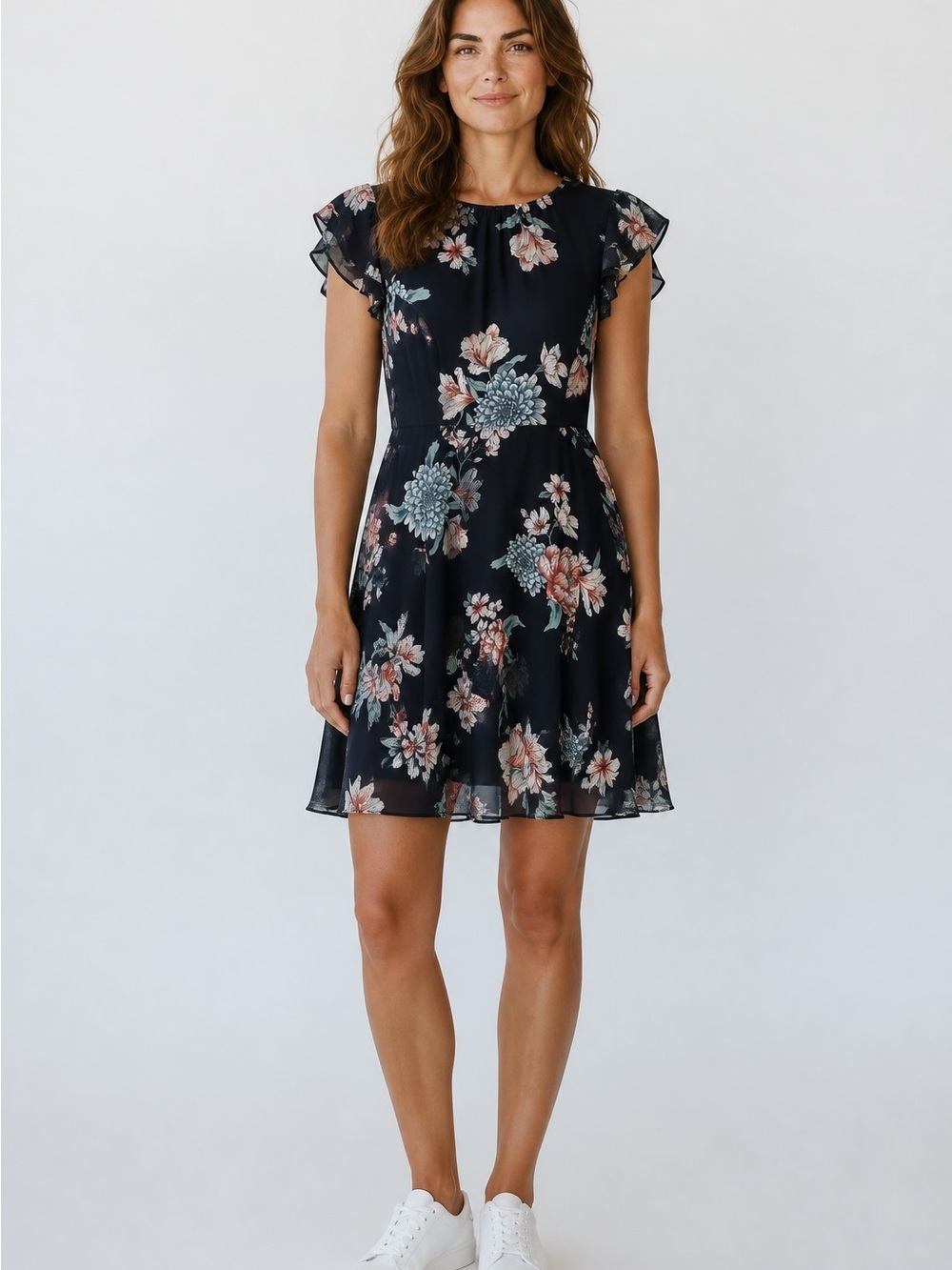 SUZY SHIER Floral Flutter Sleeve Black Chiffon Dress size large